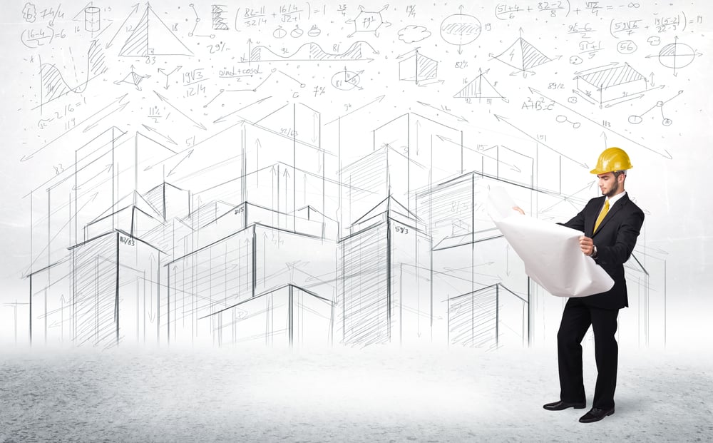 construction specialist with city drawing in background concept